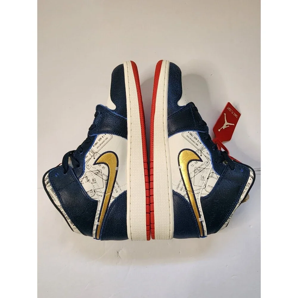 Nike Air Jordan 1 Mid SE (GS) Take Flight Sneakers Youth 6.5 Navy Gold Ivory Red